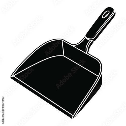 A stark black silhouette of a dustpan a common household cleaning tool presented on a white background silhouette