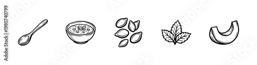 Pumpkin Soup Ingredients and Autumn Harvest Elements with Hand-Drawn Painterly Ink Brushwork and Organic Textures