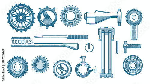 Hand-drawn-style illustration of a collection of blue-toned gears and mechanical parts