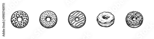 Glazed Donuts and Sweet Pastry Confections with Inky Hand-Drawn Brush Strokes and Artistic Painterly Outlines