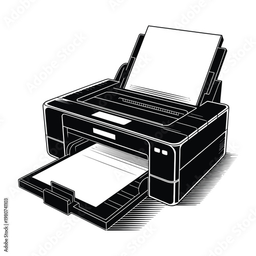 A detailed black and white illustration of an inkjet printer in operation silhouette