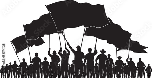 Silhouette of a crowd of people holding large waving flags during a protest or demonstration event