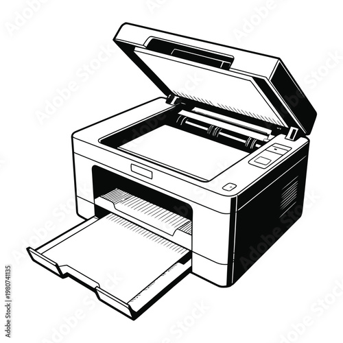 A detailed illustration of a modern inkjet printer with the top cover raised silhouette