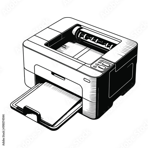 Detailed illustration of a modern inkjet printer with open paper tray black and white silhouette