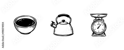 Kitchen Utensils and Home Cooking Equipment Collection in Hand-Drawn Inky Painterly Style with Fluid Brushwork