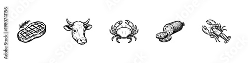 Meat and Seafood Protein Variety with Organic Ink Brush Strokes and Hand-Drawn Calligraphic Ink Style