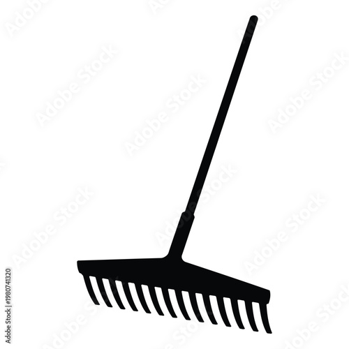 A stark black silhouette of a garden rake against a plain white background silhouette