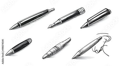 Black and white illustration of six writing instruments; fountain, ballpoint, and signing pens