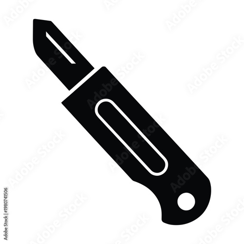 A stark black silhouette of a utility knife is prominently displayed against a white background silhouette
