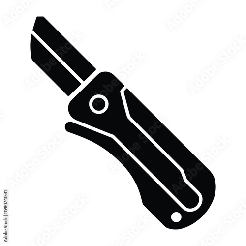 A stark black silhouette of a pocketknife with an open blade and circular handle details silhouette