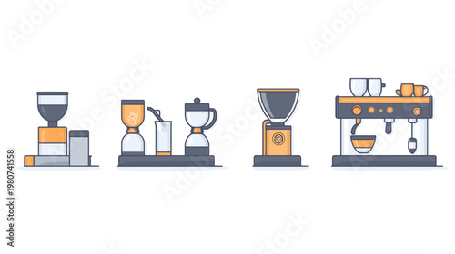 Coffee preparation stages grinder, brewing, percolator, and an espresso machine