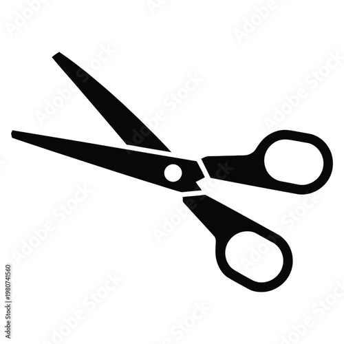 A striking black silhouette of open scissors against a clean white background silhouette