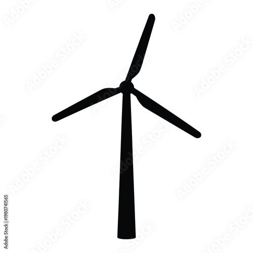 A single wind turbine stands against a plain white background a striking silhouette