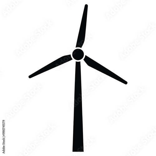 A single wind turbine stands against a white background a striking black silhouette