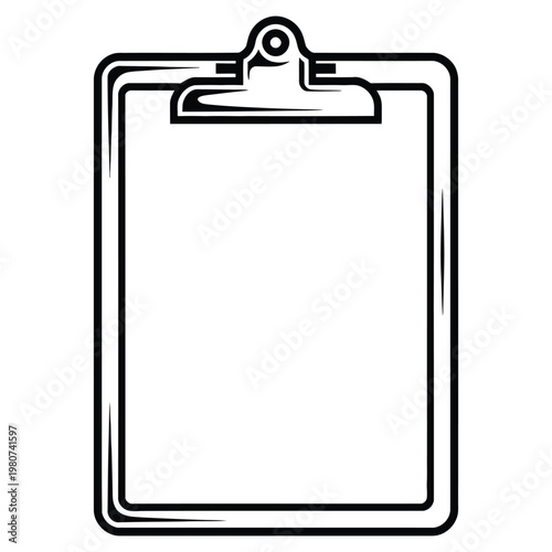 A black and white line drawing depicts a clipboard with a blank page a distinct silhouette