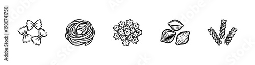 Italian Pasta Varieties and Mediterranean Cuisine Ingredients with Hand-Drawn Inky Brushwork and Organic Painterly Textures