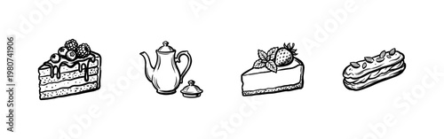 Classic Bakery Pastries and Teatime Refreshments with Hand-Drawn Inky Brushwork and Organic Painterly Aesthetic