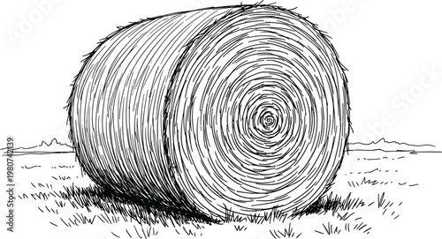 Hand Drawn Black and White Line Art Illustration of a Large Round Hay Bale Resting in a Rural Farm Field Meadow