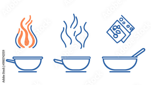 Stylized cooking icons flame over pan, steam over pan, and cheese/spoon over bowl