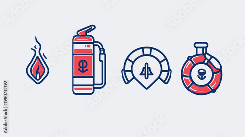 Stylized icons of fire, extinguisher, location, and lifebuoy in red and navy on white