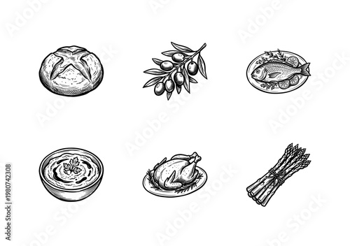 Mediterranean Cuisine and Traditional Food Ingredients with Hand-Drawn Inky Brushwork and Organic Painterly Textures