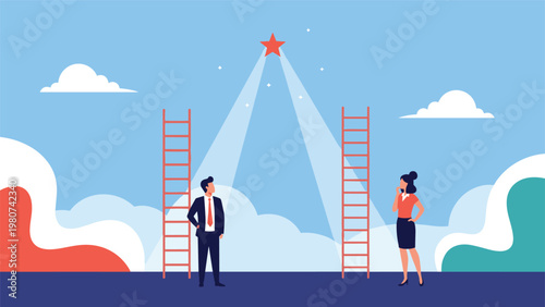 Businessman and businesswoman stand by their own ladders looking up at a bright red star shining between them in the sky for career ambition.