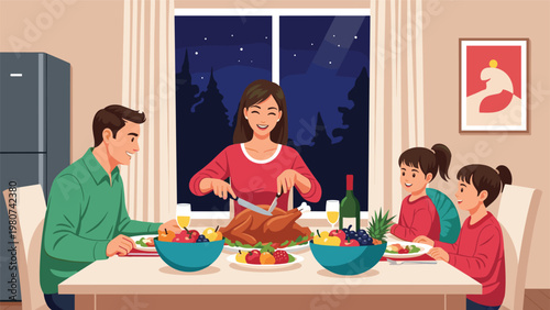 Happy family sits at a wooden table together enjoying a traditional roasted turkey dinner with fruits and wine at night in a home environment.