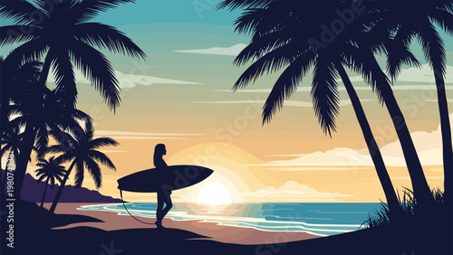 Silhouette of a woman holding a surfboard on a tropical beach at sunset surrounded by tall palm trees and gentle waves for summer holiday fun.