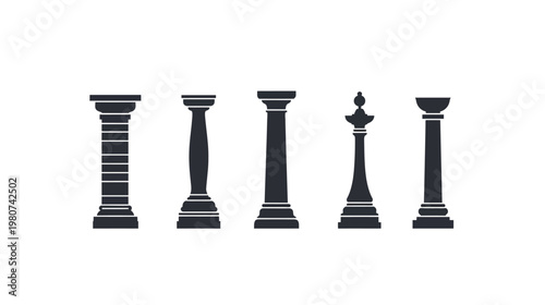 Silhouetted illustration showing five classical columns, varying in form and detail