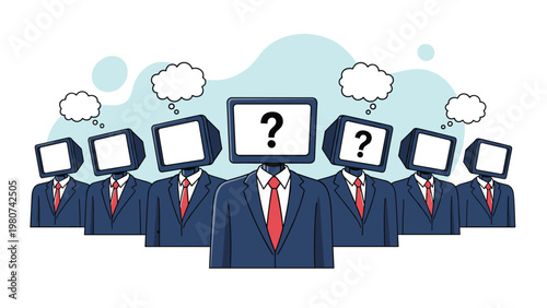 Group of business people with computer monitors as heads stand together while thoughts and questions appear in bubbles.