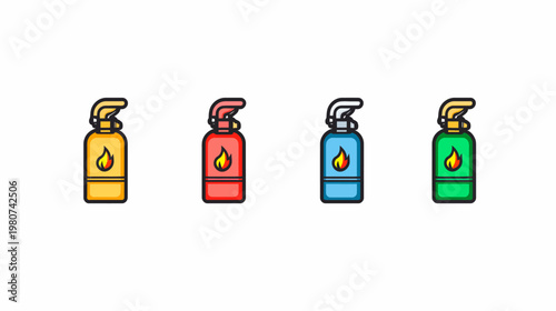 Four pixel art gas containers, each a different color, lined up side-by-side on white