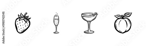 Champagne Flutes and Celebration Drinks with Fruits in Hand-Drawn Painterly Style and Fluid Ink Brush Strokes