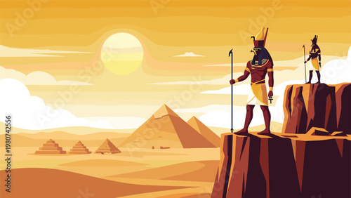 Ancient Egyptian deities stand majestically on tall cliffs overlooking grand pyramids in a vast desert during sunset.