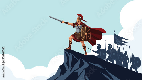 Brave Roman commander stands on a high rocky peak leading his army of soldiers into battle under a bright sky.