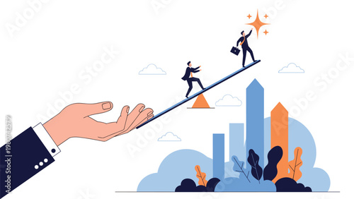 Giant hand supports a tilted plank helping ambitious businessmen reach for a bright shining star above a bar graph.