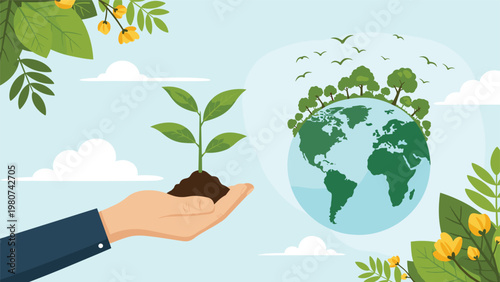 Human hand holds a young green sapling with soil next to a lush green earth globe covered in trees and birds.