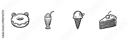 Kawaii Cafe Sweets and Dessert Treats with Hand-Drawn Ink Brush Strokes and Soft Pastel Colors in Playful Japanese Aesthetic