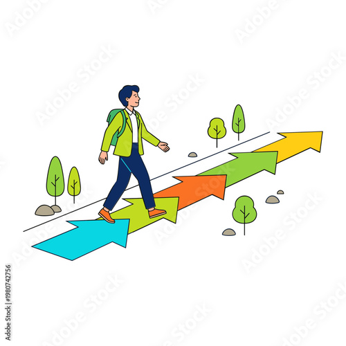 Man walks on colorful arrows in nature with trees and rocks around