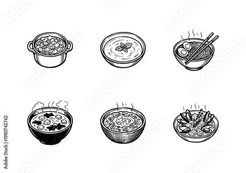 Gourmet Soups and Hearty Stew Bowls with Hand-Drawn Inky Brush Strokes and Organic Calligraphic Outlines