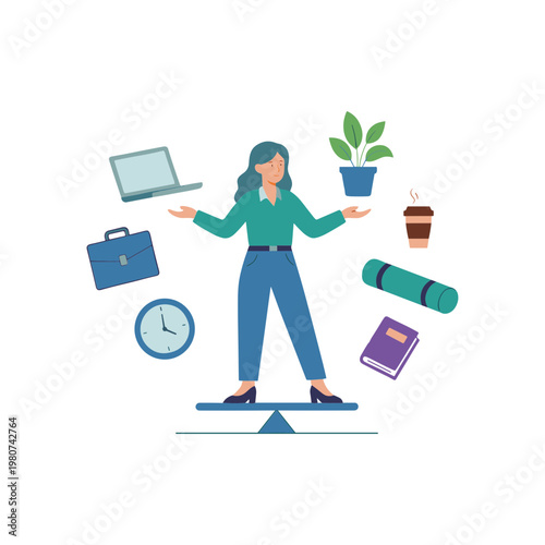 A woman balances work and personal life with laptop, plant, coffee, clock, and books in a busy office environment.
