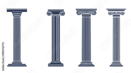 Four stylized architectural columns against a white backdrop. Featuring distinct classical styles