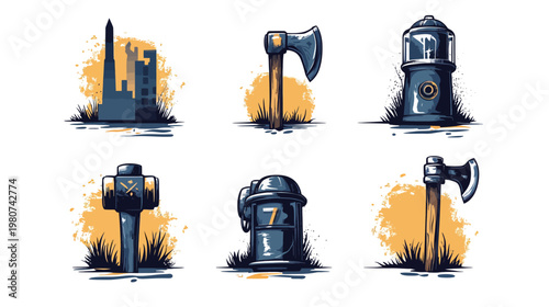 Cartoon images of cityscape, axes, & utility apparatus with orange splattered backdrop