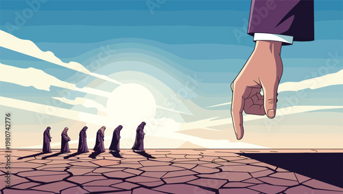 Giant hand points toward a group of figures walking across a dry parched landscape under a bright desert sun.
