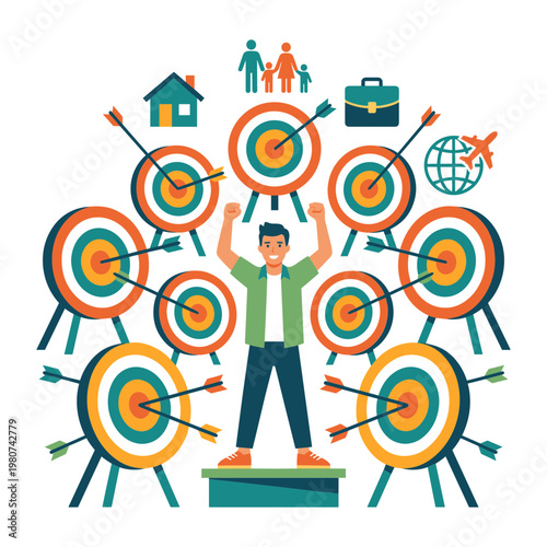 A man stands on a box holding up targets surrounded by multiple targets with arrows hitting bullseyes and various icons above him.