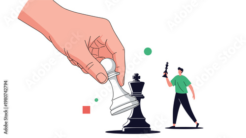 Giant hand moves a white chess pawn on a board while a small man watches carefully while holding another piece.