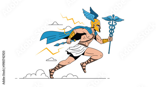 Ancient Greek god Hermes with winged helmet and sandals runs swiftly through the clouds holding a golden caduceus.