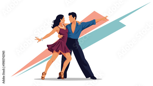 Elegant couple in stylish evening wear performs a passionate ballroom dance against a dynamic colorful background.