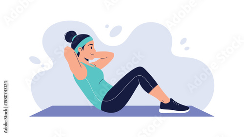 Athletic woman performs core exercises on a blue yoga mat while wearing comfortable fitness apparel in a calm indoor exercise setting.