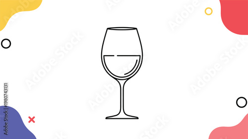 Simple wine glass icon filled with liquid surrounded by colorful abstract shapes representing a party celebration or social event theme.