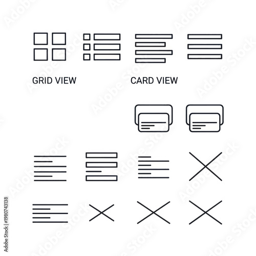 UI Wireframe Grid and Card Layout Icons Set with Chat Bubbles and Interface Elements.